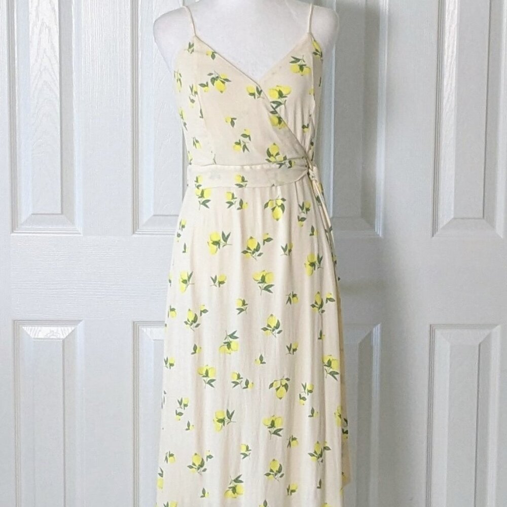 AQUA Women's Lemon Fruit Spaghetti Strap Midi  Dress Size S Pale Yellow